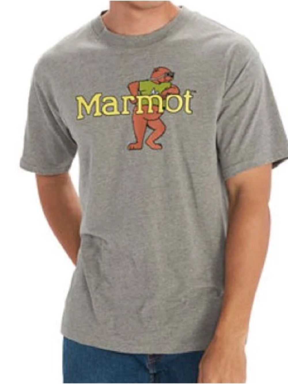 Marmot Medium Men’s Heather Gray Tee with Yellow Logo and Orange Mascot